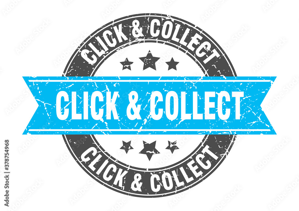 click & collect round stamp with ribbon. label sign click & collect round stamp with ribbon. label sign