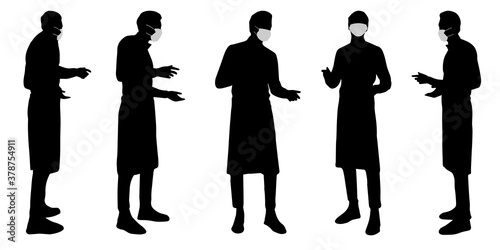 Vector concept conceptual  silhouette men working while social distancing as means of prevention and protection against coronavirus contamination. A metaphor for the new normal.