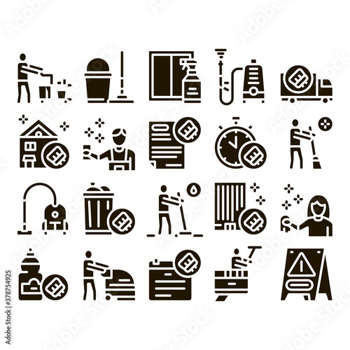 Cleaning Service Tool Glyph Set Vector. Liquid For Clean Window And Wash Floor, Vacuum Cleaner And Bucket Cleaning Service Glyph Pictograms Black Illustrations