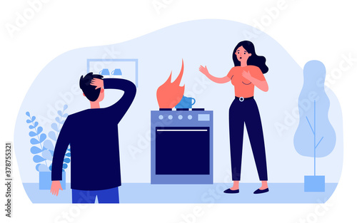 Gas leaking at home. People panicking about fire on cooktop flat vector illustration. Fire safety, fire hazard, emergency concept for banner, website design or landing web page