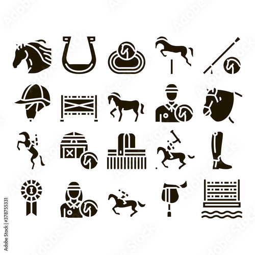 Equestrian Animal Glyph Set Vector. Equestrian Horse And Polo Game, Rider Helmet And Shoe, Horseshoe And Barrier Glyph Pictograms Black Illustrations