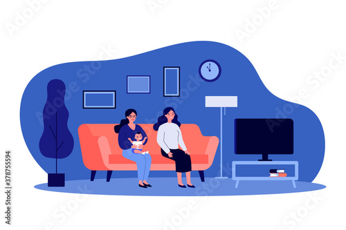 Two women and kid watching TV. Gay parents, friends, mother with baby flat vector illustration. Family, friendship, home concept for banner, website design or landing web page