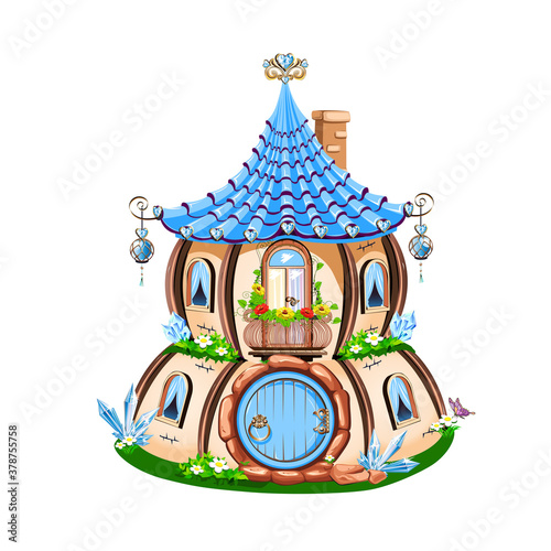 Magic little house decorated with blue crystals. Fairy house. Vector illustration.