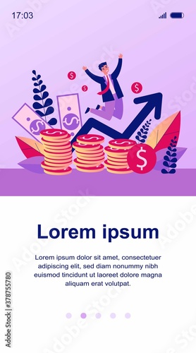 Happy banker jumping over coins flat vector illustration. Cartoon rich businessman celebrating finance growth. Market and income chart concept
