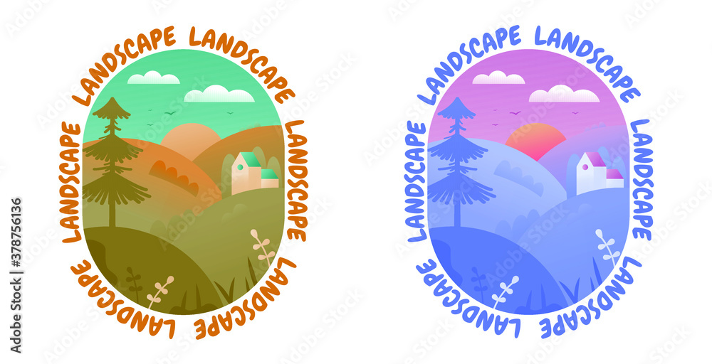 Vector illustration of landscape natural background and village. Сolorful sunset and sunrise. Spring, summer, autumn. Nature, mountains, trees, plants, birds, clouds and sun.