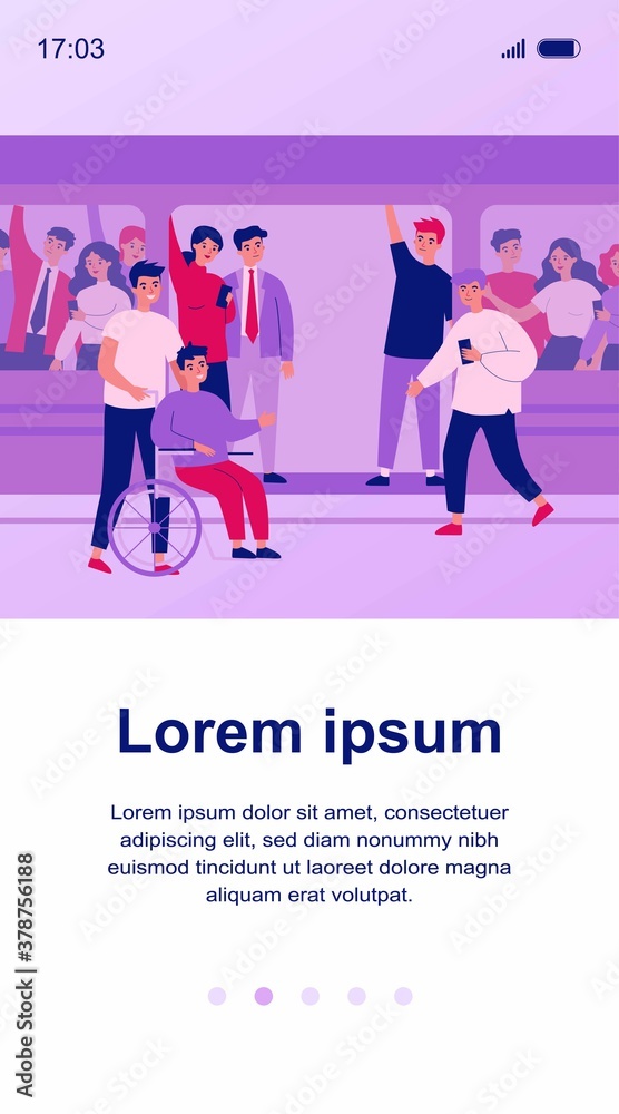 Handicapped guy and his helper travelling by subway train. Help, city transport, wheelchair flat vector illustration. Disabled people support concept for banner, website design or landing web page Handicapped guy and his helper travelling by subway train. Help, city transport, wheelchair flat vector illustration. Disabled people support concept for banner, website design or landing web page