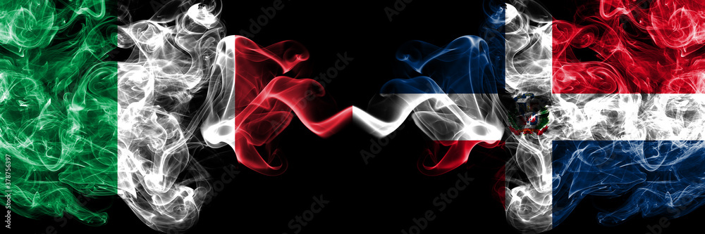 Italy vs Dominican Republic smoky mystic flags placed side by side. Thick colored silky abstract smoke flags of Italian and Dominican Republic Italy vs Dominican Republic smoky mystic flags placed side by side. Thick colored silky abstract smoke flags of Italian and Dominican Republic