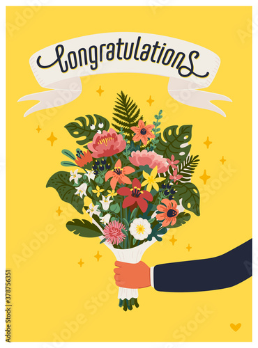 Congratulations card. Arm holding bouquet of flowers on yellow background.