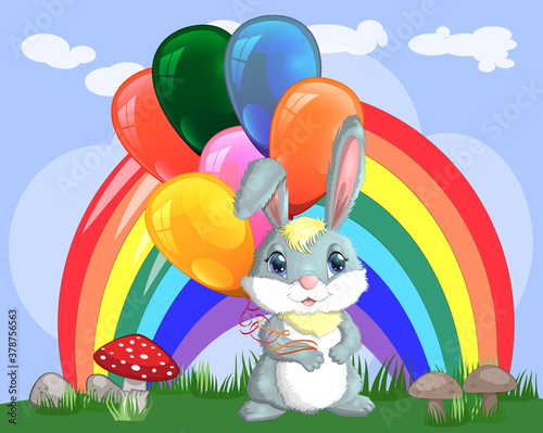 Cute cartoon bunny with an armful of balls on a glade near the rainbow. Spring, postcard