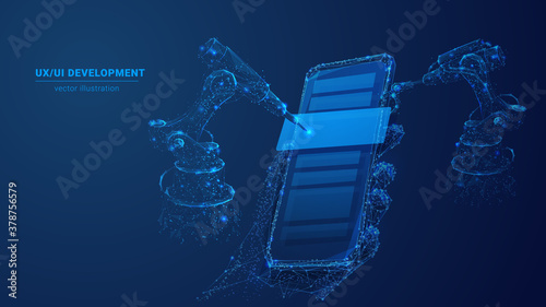 Abstract polygonal 3d image of robotics and hand holding phone in blue. Innovative UX or UI development mobile app or website concept. User experience, user interface vector mesh looks like starry sky