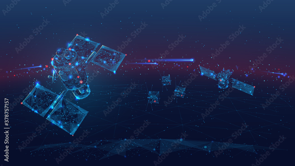 3d satellites polygonal art illustration. Wireless satellite technology, communication or network concept. Abstract vector color wireframe. Digital space dark image with blue lines, dots and stars - obrazy, fototapety, plakaty 