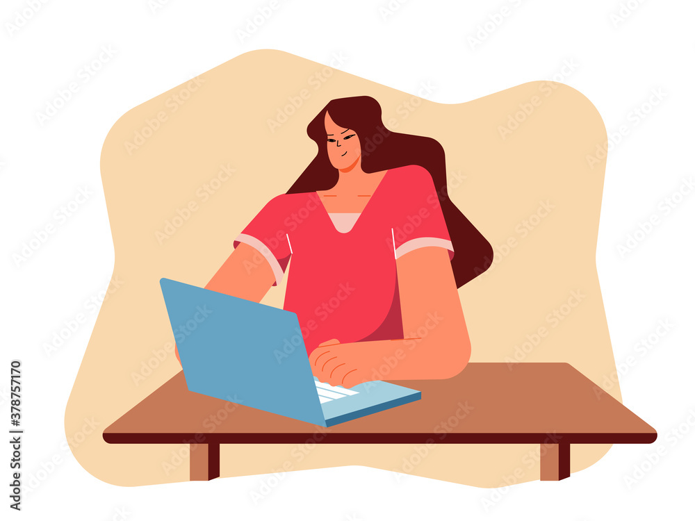 Trendy female character sitting at a table in front of a computer. Trendy female character sitting at a table in front of a computer.