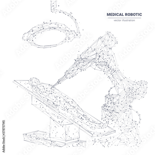Abstract 3d medical robotic performing surgical operation on patient. Polygonal robotic arm and human isolated in white. Innovative medicine, modern medical technology concept. Vector sketch drawing