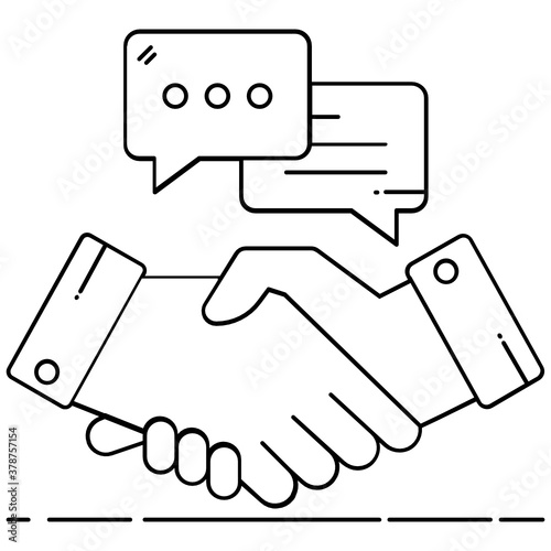 
Handshake with speech bubbles depicting deal gesture 
