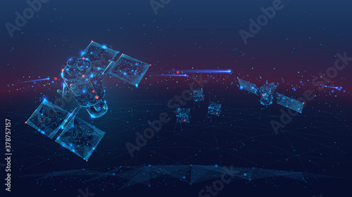3d satellites polygonal art illustration. Wireless satellite technology, communication or network concept. Abstract vector color wireframe. Digital space dark image with blue lines, dots and stars photo