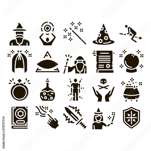 Wizard Magic Equipment Glyph Set Vector. Wizard Wand And Hat, Sphere And Knife, Book And Ring, All-seeing Eye And Doll Glyph Pictograms Black Illustrations