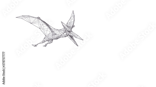 Abstract flying pterodactylus dinosaur in white background. Polygonal sketch 3d illustration of pterosaur consists of black lines, dots and triangles. Vector animal hand drawing concept
