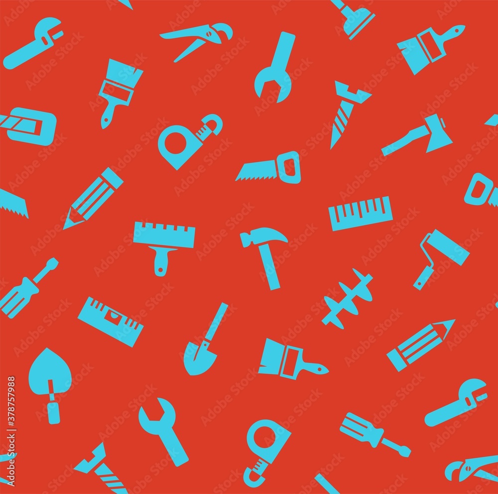 Hand tools, construction, seamless pattern, color, red. Blue icons on a red field. Colored flat background. Vector. Hand tools, construction, seamless pattern, color, red. Blue icons on a red field. Colored flat background. Vector.