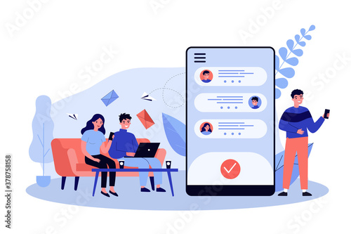 People chatting online. Using gadgets, phone screen with messenger interface flat vector illustration. Communication, technology concept for banner, website design or landing web page