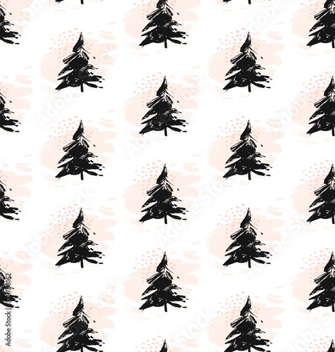 Vector hand-painted ink illustration with brush strokes. New Year, Christmas trees. Abstract background.