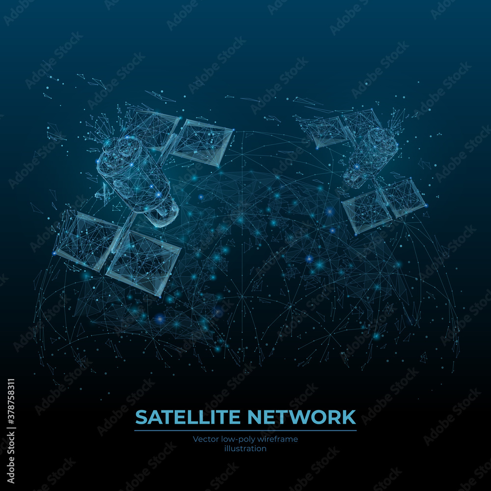 Low poly satellites in space and Earth view isolated in blue. Global internet communications, satellite network concept. Abstract vector mesh wireframe consisting of lines, dots and flying particles - obrazy, fototapety, plakaty 