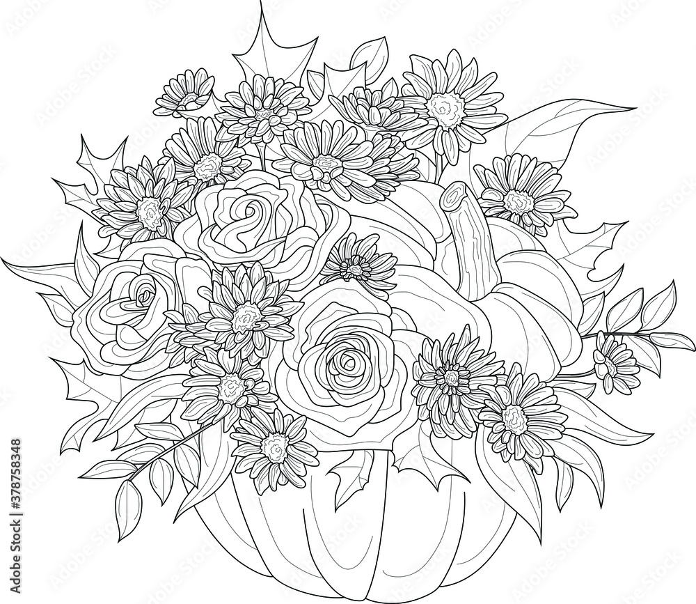 Realistic mix flower bouquet with roses, gerbera and leafs in pumpkin sketch. Vector illustration in black and white for games, background, pattern, decor. Print for fabrics.  Coloring paper, page, bo