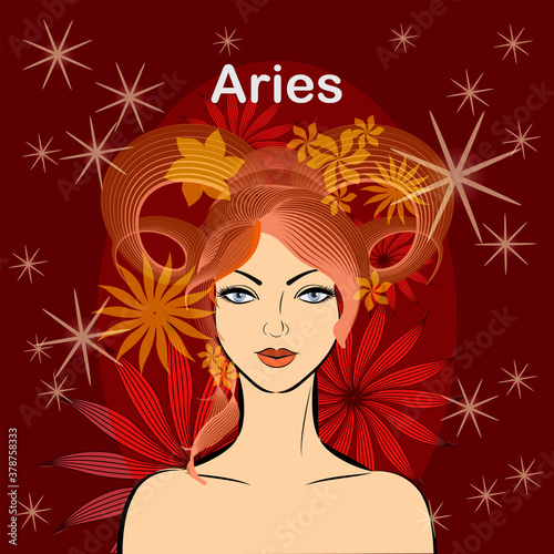 Aries.fire zodiac signs.beautiful space woman with fiery hair.Vector abstract graphic design.