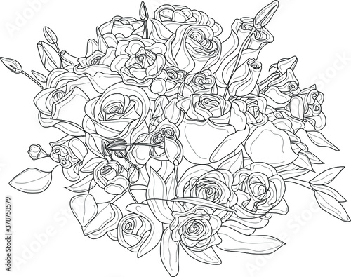 Realistic rose flower bouquet with leaves sketch. Vector illustration in black and white for games, background, pattern, decor. Print for fabrics and other surfaces. Coloring paper, page, book photo