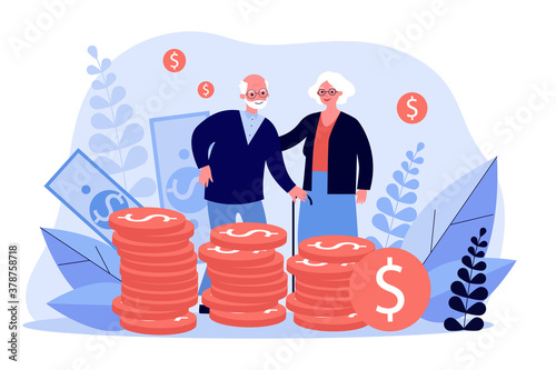 Senior couple with their savings. Old man and woman standing at heap of cash flat vector illustration. Money, retirement, finance concept for banner, website design or landing web page