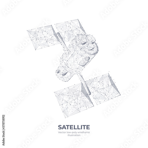 3d communications satellite isolated in white. Wireless satellite technology, mobile communication, internet, TV and radio concept. Abstract vector sketch with lines and dots. Low poly wireframe