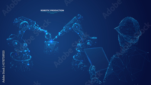 Abstract polygonal engineer holding tablet and controlling robotic arm and robotic tool. Smart technology manufacturing process in dark blue. Vector image of industrial technology, automation concept