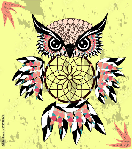 dream catcher with owl. boho style. totem animal