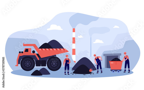 Coal extraction concept. Miners working in quarry, digging heaps of coal near smoking pipes and heavy transport and equipment. Vector illustration for coal production, mining, coalmine topics