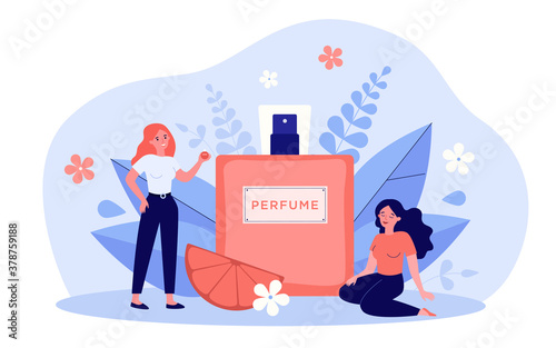 Women enjoying perfume smelling, sitting and standing near spray flask of deodorant with flower fragrance. Vector illustration for aroma, perfumery shop, cosmetics concept.