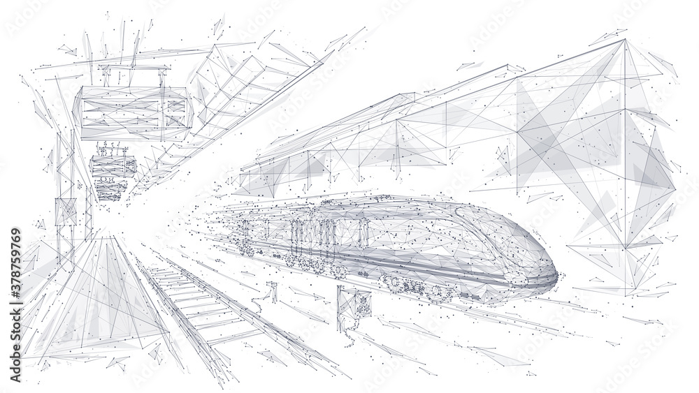 Abstract low poly 3d wireframe of modern train at railway station or metro. Vector sketch drawing with connected dots. Rapid transit system, transportation, railway logistics concept isolated in white