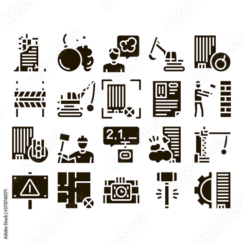 Demolition Building Glyph Set Vector. Crane With Wrecking Ball And Fence, Hammer And Dynamite Construction Demolition Glyph Pictograms Black Illustrations