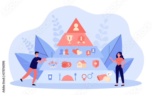 Hierarchy pyramid concept. Graphic triangle with basic person needs, safety, love, social esteem levels. Vector illustration for sociology, marketing, management topics
