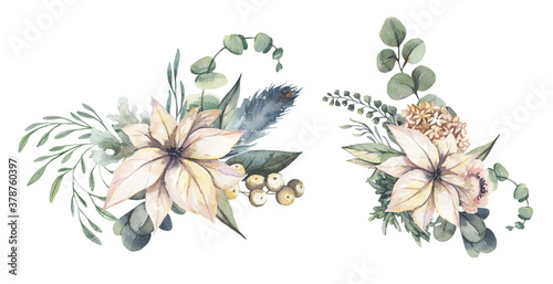Watercolor floral illustration - bouquet with beige flowers, green leaves for wedding stationary, greetings, wallpapers, fashion, backgrounds. High quality illustration. © Olesya Frolova