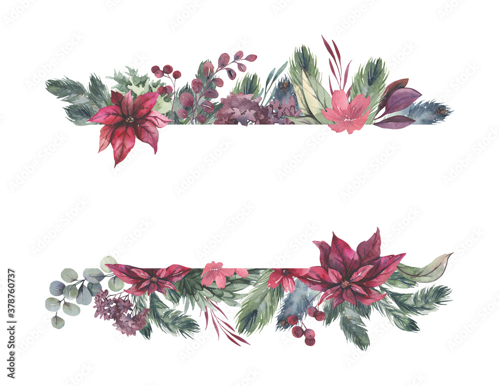 Watercolor hand painted wreath with red flowers and green leaves ...