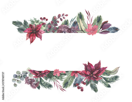 Watercolor hand painted wreath with red flowers and green leaves.Watercolor floral illustration with branches - for wedding invite, stationary, greetings, wallpapers, background. High quality