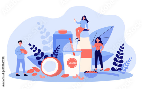 Vegan milk concept. People drinking lactose free almond and coconut drink, tiny characters sitting on bottles, holding nuts. Vector illustration for vegetarian diet, nut beverages, healthy food topics
