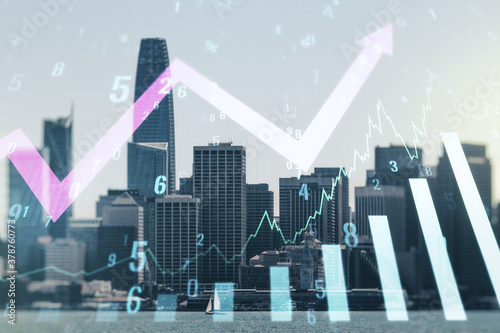 Abstract virtual financial graph hologram and upward arrow on San Francisco skyline background  forex and investment concept. Multiexposure