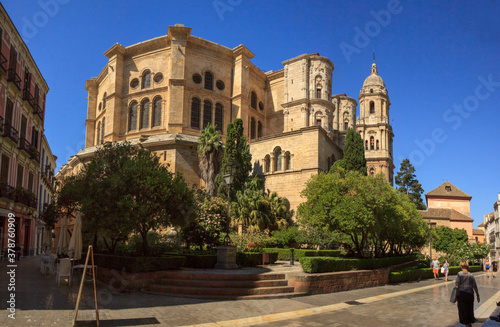 Malaga, Spain: Northeast face of the 'La Manquita' cathedral in the old town, with ambulatory, transept and one tower. 