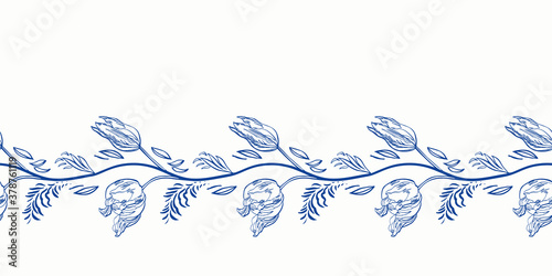 Blue retro antique porcelain floral border. Vintage kitchen, hand drawn botany tulip garland design. Line art florals on white background. Elegant nature background. Perefect for kitchen utensils #378761119