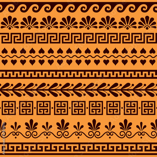 Greek seamless vector pattern set - ancient floral and geometric ornament, key pattern in brown and orange
