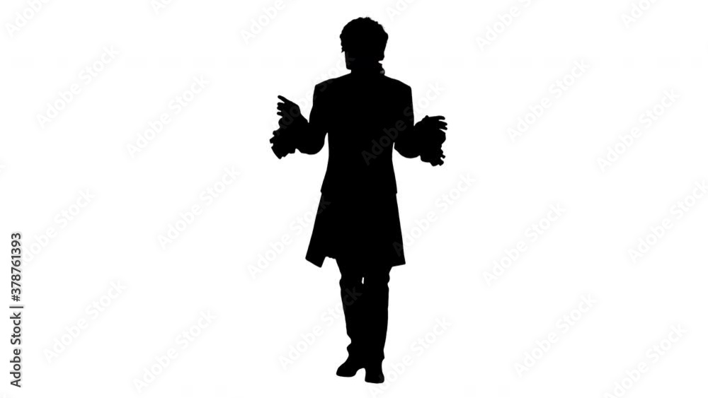 Silhouette Man in old-fashioned frock coat and white wig talking and waiving with his hands theatrically looking at camera. Silhouette Man in old-fashioned frock coat and white wig talking and waiving with his hands theatrically looking at camera.