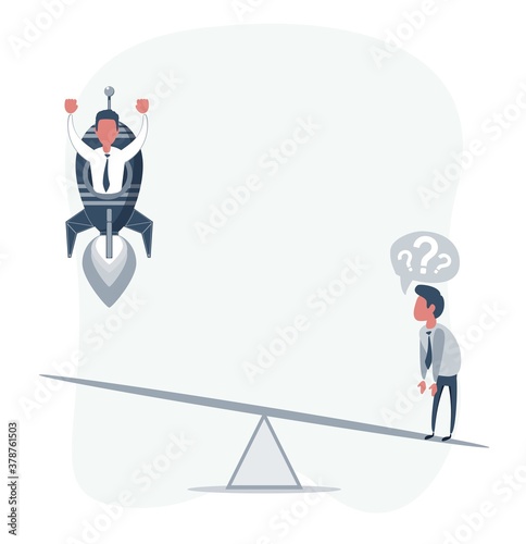 Business startup concept. Vector illustration with a businessman flying up on a rocket and a loser. Flat design
