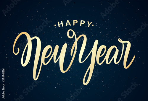 Golden modern brush type lettering of Happy New Year on dark background.