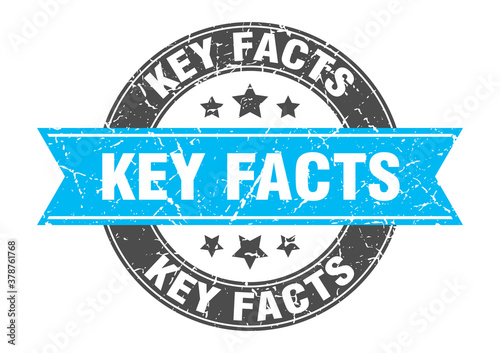 key facts round stamp with ribbon. label sign