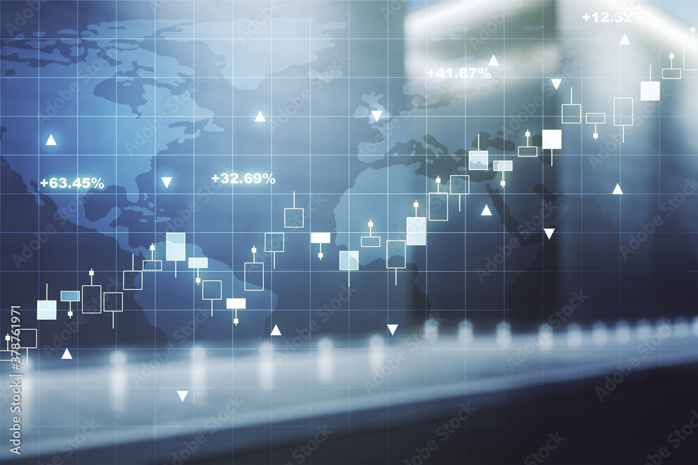 Abstract creative financial graph interface and world map on blurry modern office building background, forex and investment concept. Multiexposure